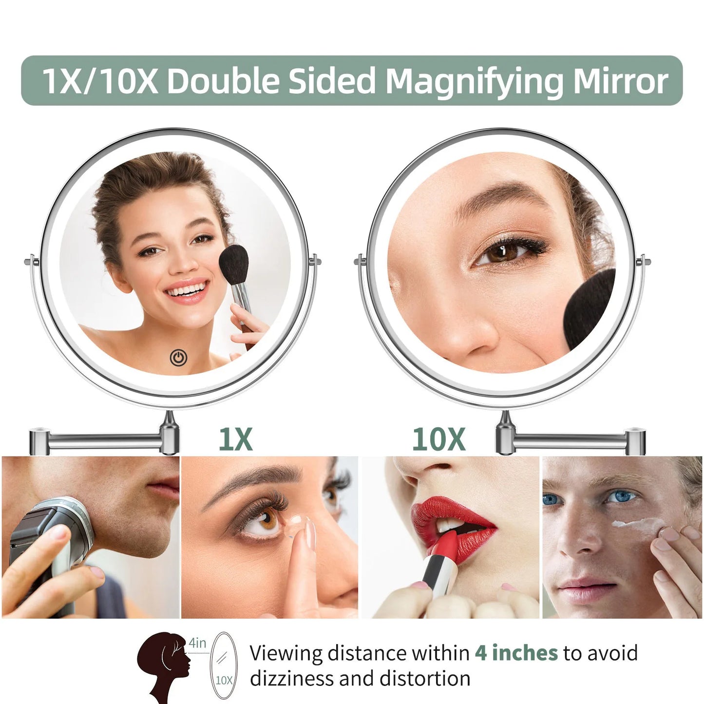 Funtouch double-sided wall mirror with 1X normal and 10X magnification LED light, ideal for close-up makeup, skincare and shaving.