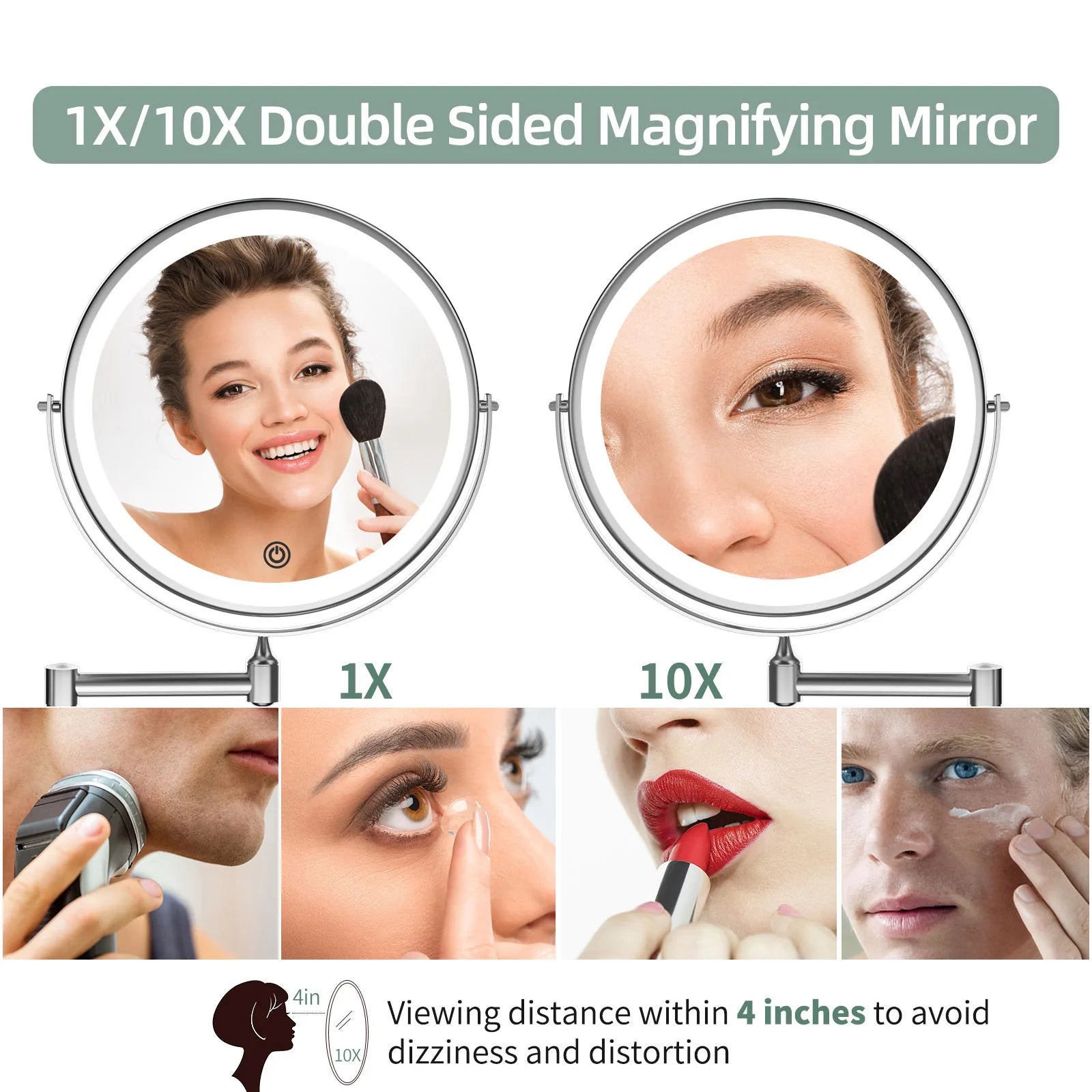 Funtouch double-sided wall mirror with 1X normal and 10X magnification LED light, ideal for close-up makeup, skincare and shaving.