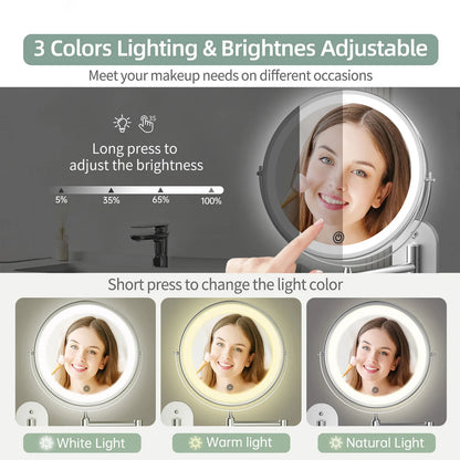Funtouch wall-mounted mirror with 3 color LED lights (warm, natural, white) and adjustable brightness, dimmable for all makeup needs.