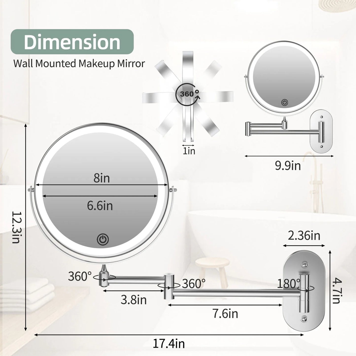 Funtouch silver wall-mounted makeup mirror dimensions chart, showing full size, extended length, and installation measurements for bathroom.