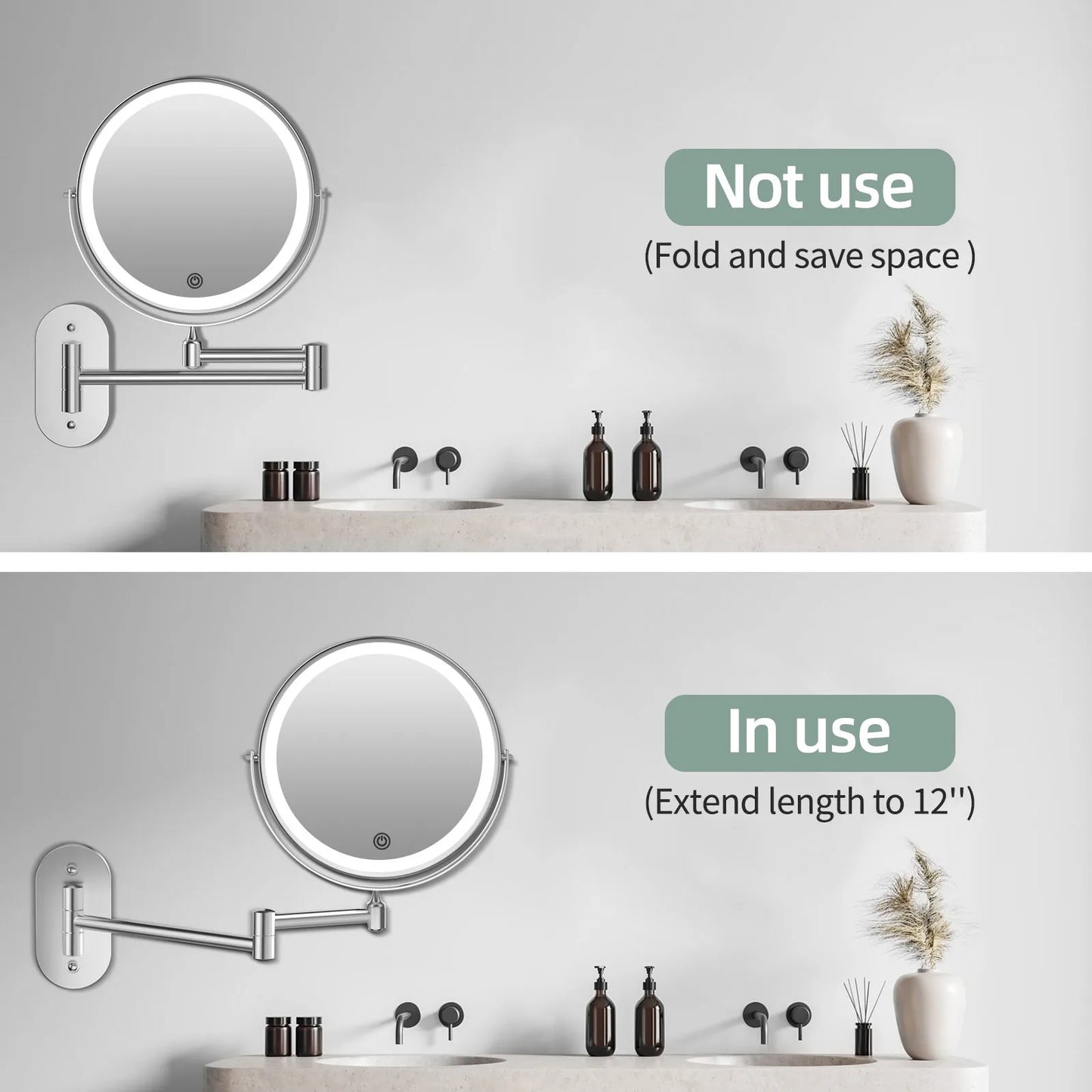Funtouch foldable wall-mounted makeup mirror, showing not-in-use and extended states to save space in small bathrooms.