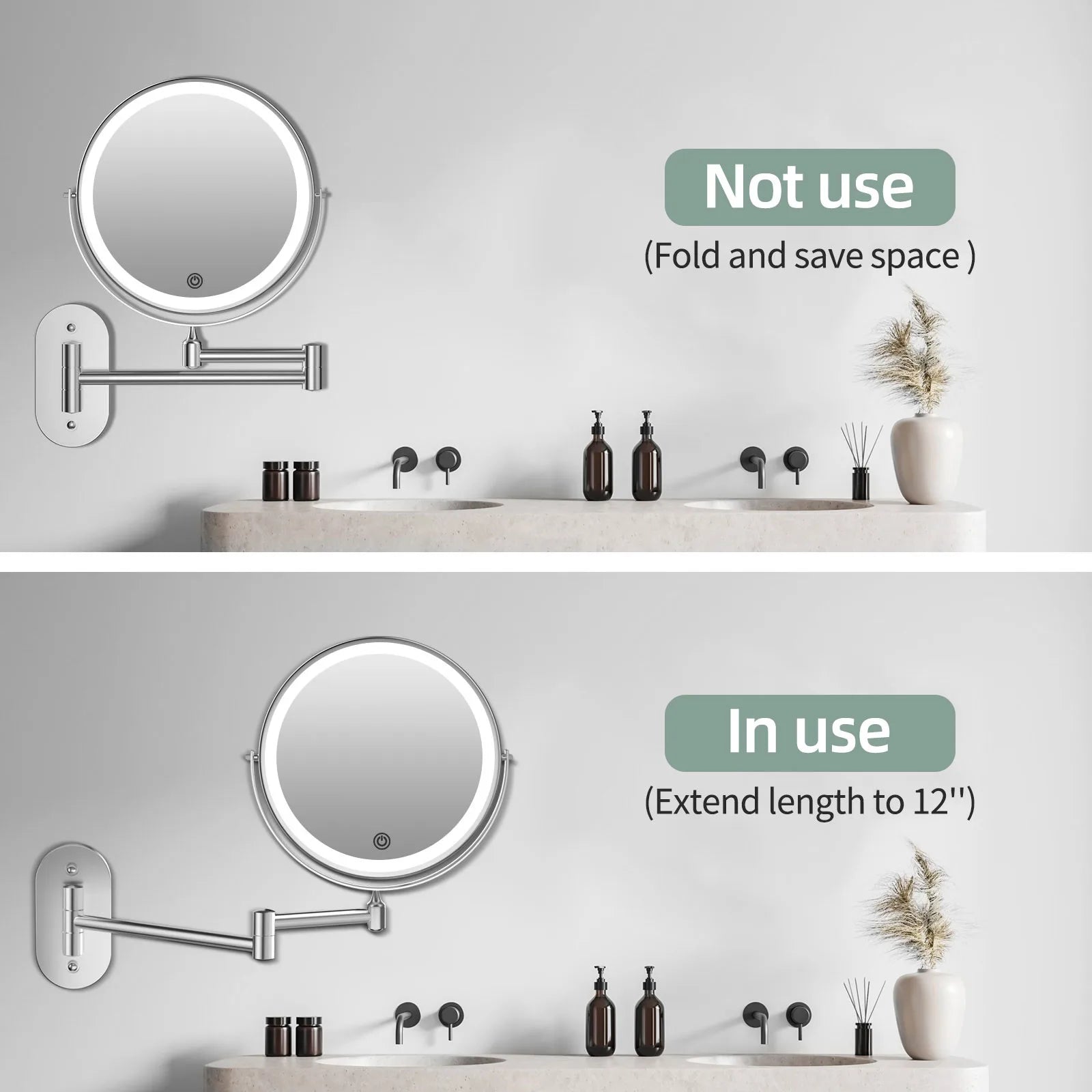 Funtouch foldable wall-mounted makeup mirror, showing not-in-use and extended states to save space in small bathrooms.