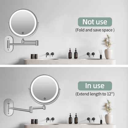 Funtouch foldable wall-mounted makeup mirror, showing not-in-use and extended states to save space in small bathrooms.
