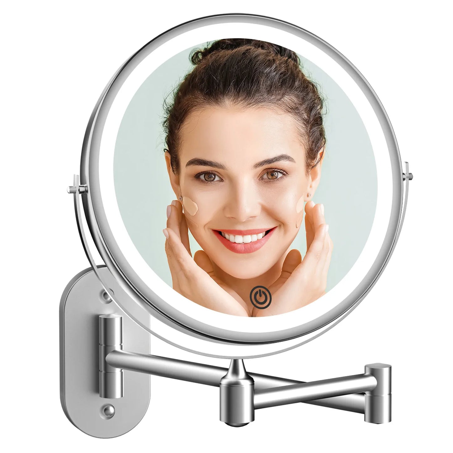 Funtouch silver wall-mounted makeup mirror with light, showing how the mirror looks when used for makeup application.