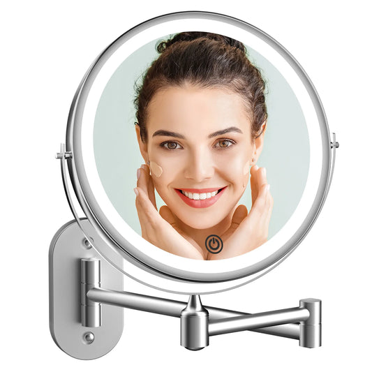 Funtouch silver wall-mounted makeup mirror with light, showing how the mirror looks when used for makeup application.
