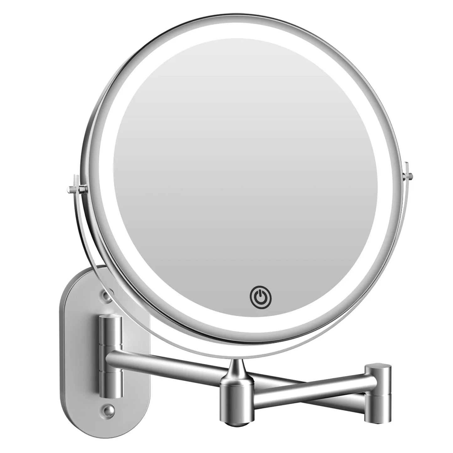 Funtouch wall-mounted silver LED makeup mirror with touch control, foldable double-sided vanity mirror for bathroom.