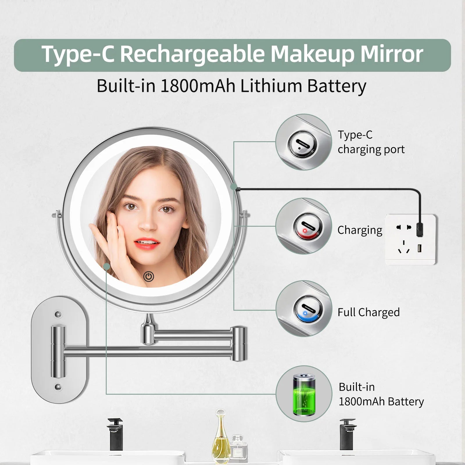 Funtouch silver wall-mounted makeup mirror with built-in 1800mAh battery, Type-C rechargeable, cordless and long-lasting use.