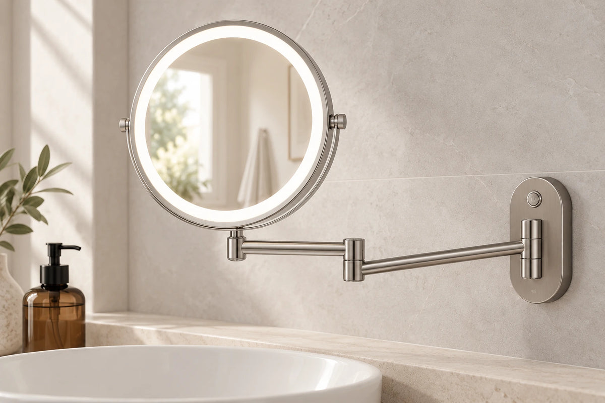 Silver wall-mounted LED makeup mirror with an extendable arm above a bathroom sink.