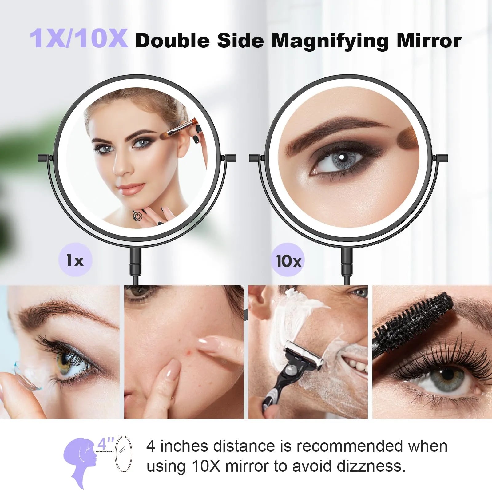 Funtouch double-sided wall mirror with 1X normal and 10X magnification, showing close-up use for makeup, skincare and shaving.