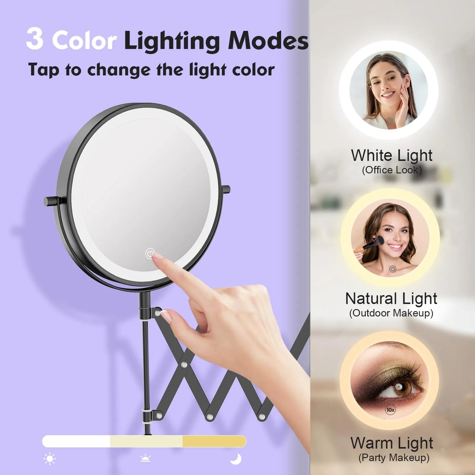 Funtouch wall mirror with 3 color LED lights (white, natural, warm), tap to change light color for different environments.