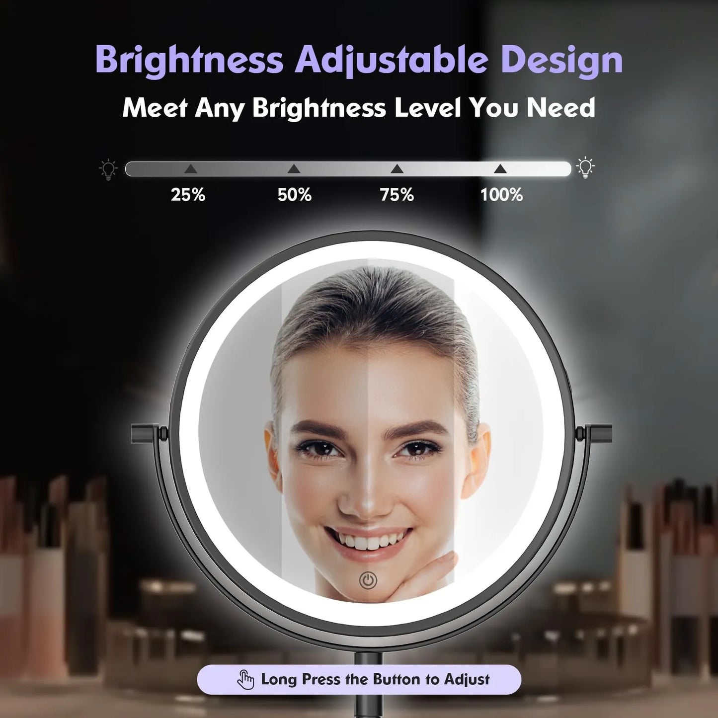 Funtouch black wall mirror with adjustable brightness LED light, touch control dimmable for all makeup needs.