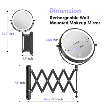 Funtouch rechargeable wall-mounted makeup mirror dimensions chart, showing extendable length and installation measurements.