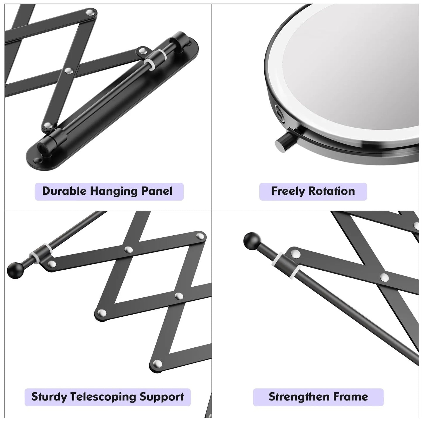 Funtouch wall mirror durable telescoping support, strengthen frame and freely rotation details, long-lasting use.