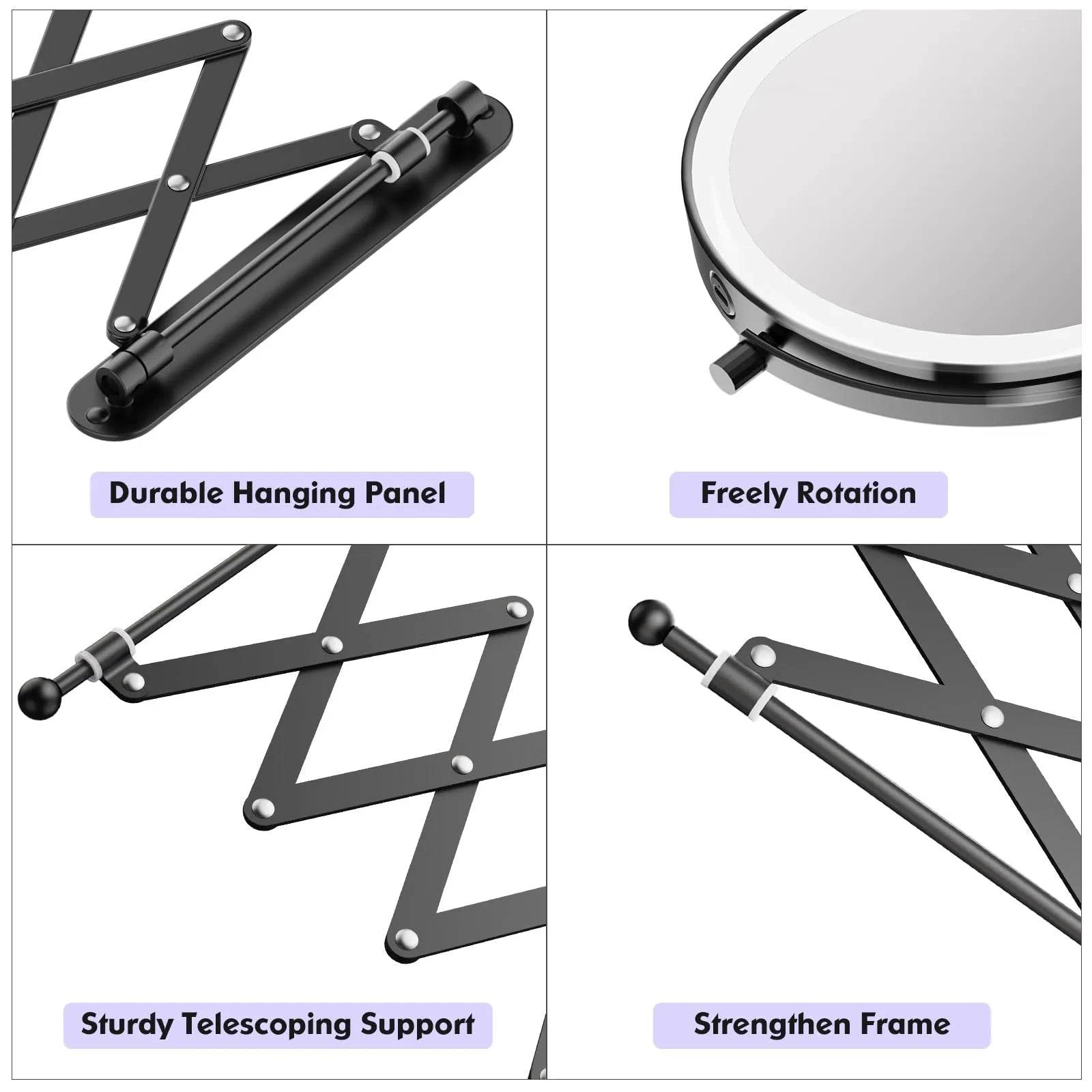 Funtouch wall mirror durable telescoping support, strengthen frame and freely rotation details, long-lasting use.