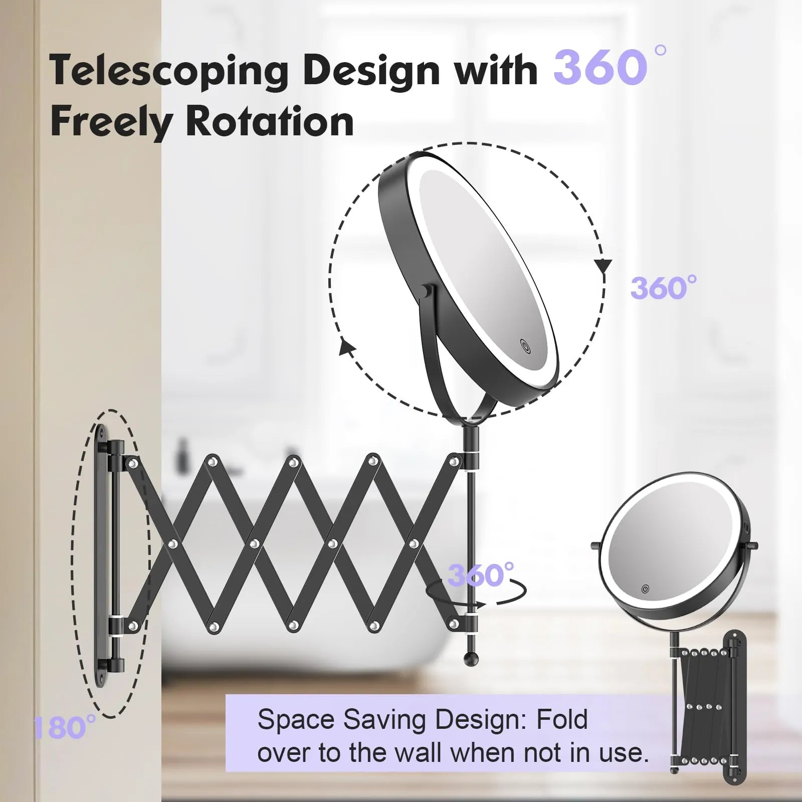 Funtouch telescoping wall mirror with 360° free rotation, foldable space-saving design for small bathrooms.