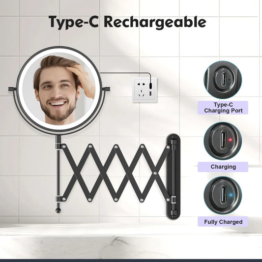 Funtouch black wall-mounted makeup mirror with Type-C rechargeable, showing charging status and long-lasting battery life.