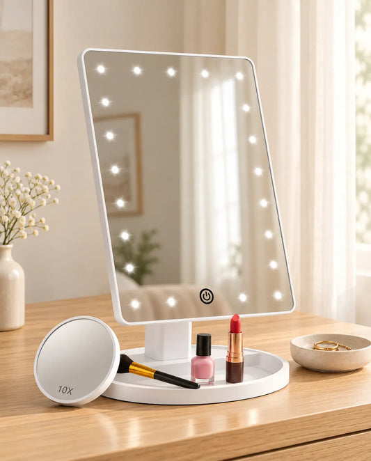 White LED tabletop makeup mirror with a separate 10x magnifier on a light wood vanity.