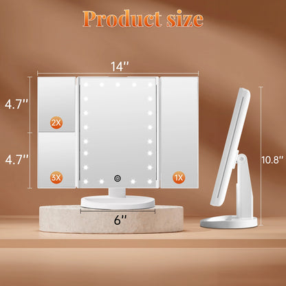 Large tri fold makeup mirror dimensions showing wide viewing area and compact base design