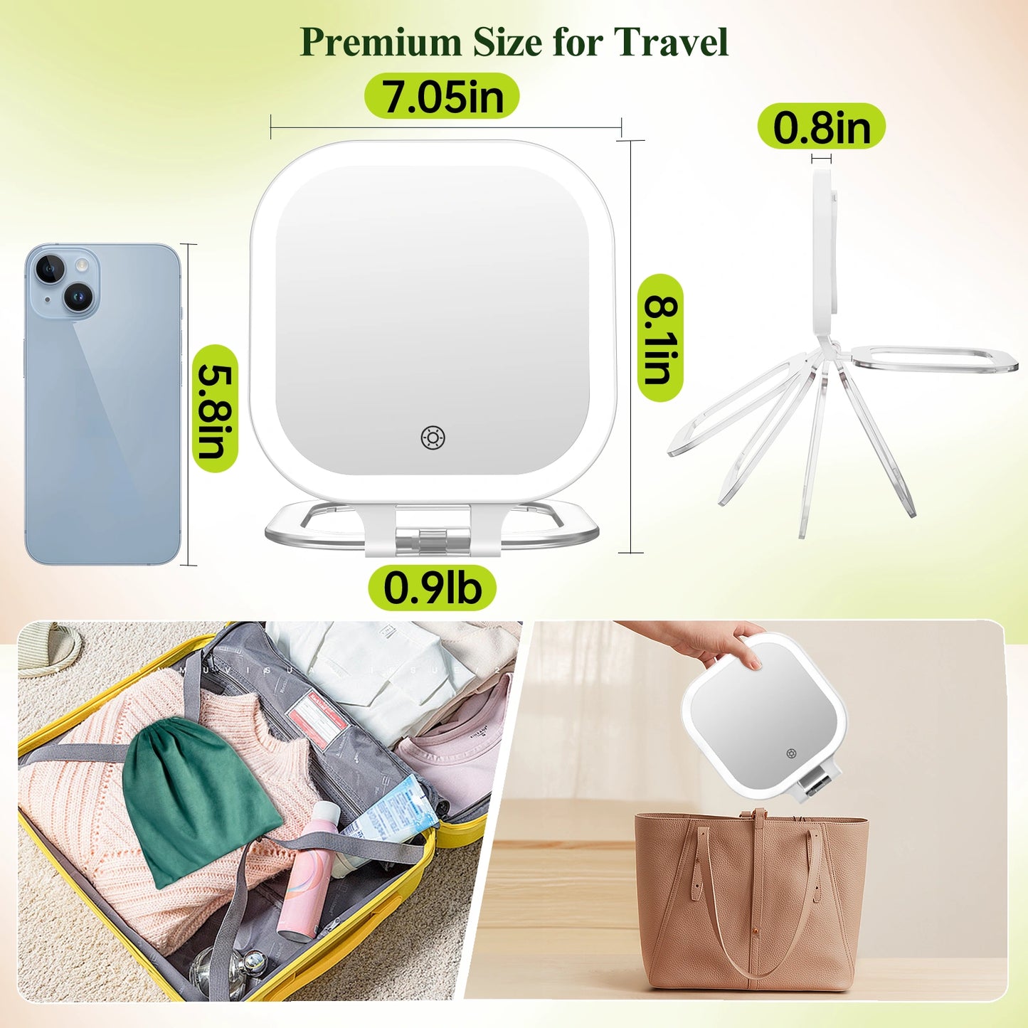 Portable LED makeup mirror for travel with compact lightweight design and carry pouch