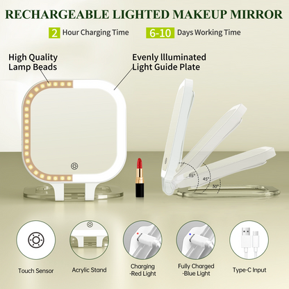 Rechargeable lighted makeup mirror with USB Type-C charging and adjustable LED lights