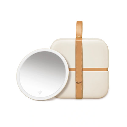 Open caramel travel makeup organizer with round LED mirror and three storage compartments