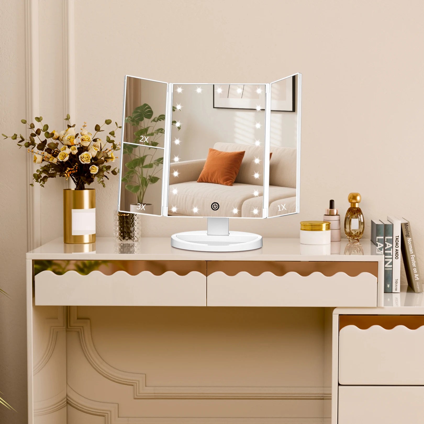 Tri fold LED makeup mirror on vanity table with large viewing area and bright makeup lighting