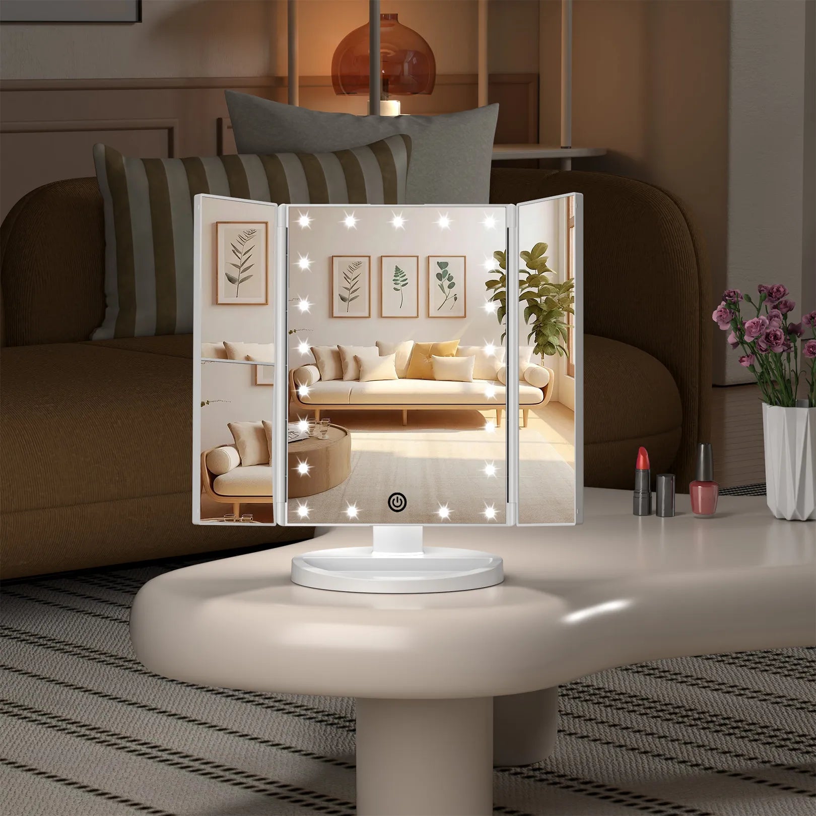 White trifold lighted makeup mirror placed on dressing table, showing elegant home decor application effect.