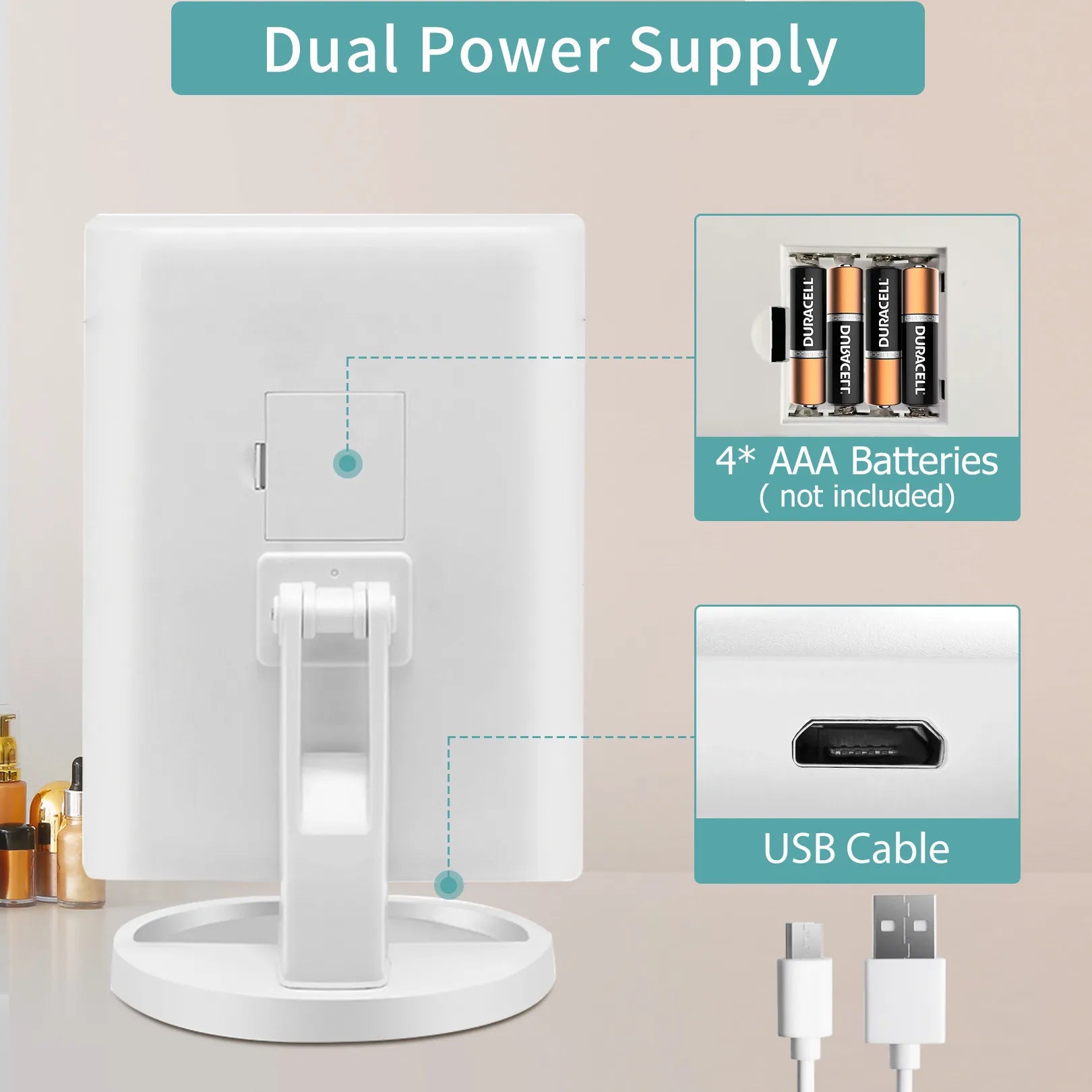 Dual power supply design for trifold makeup mirror: USB cable charging and 4 AAA battery power options.