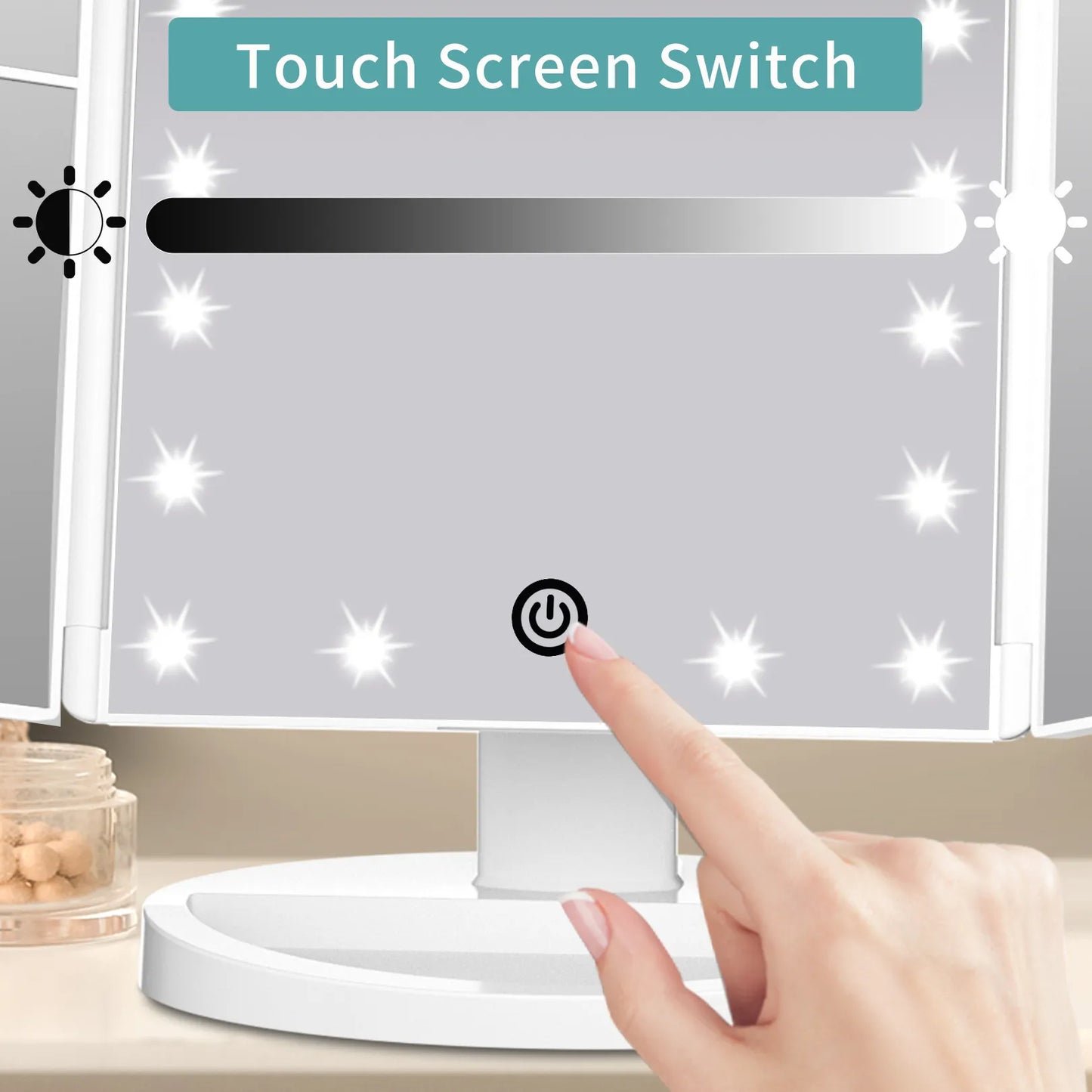 Close-up of touch screen power switch on trifold LED makeup mirror, easy one-touch control.