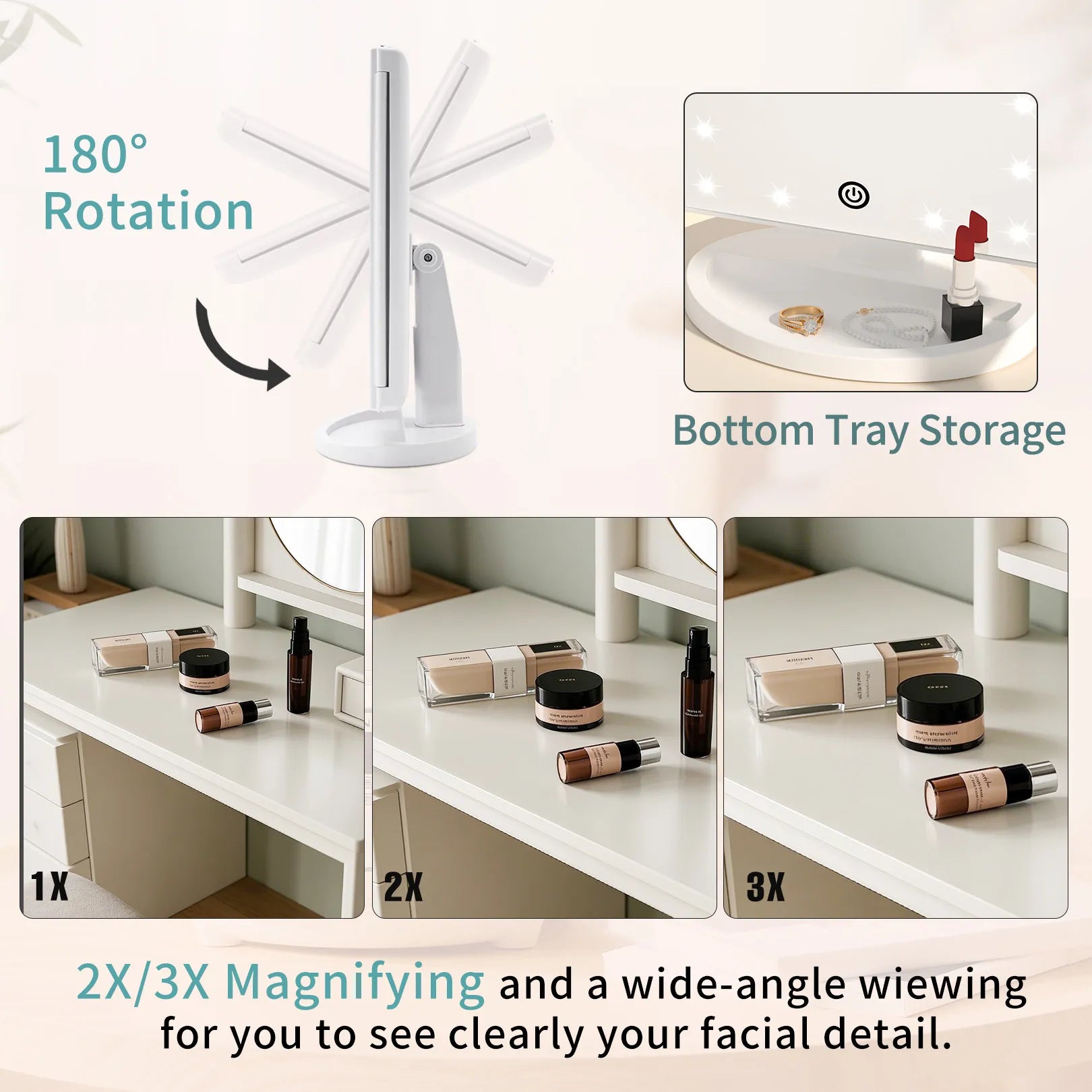 Trifold makeup mirror with 180° rotation, 2X/3X magnification and bottom storage tray for cosmetics.