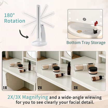 Trifold makeup mirror with 180° rotation, 2X/3X magnification and bottom storage tray for cosmetics.