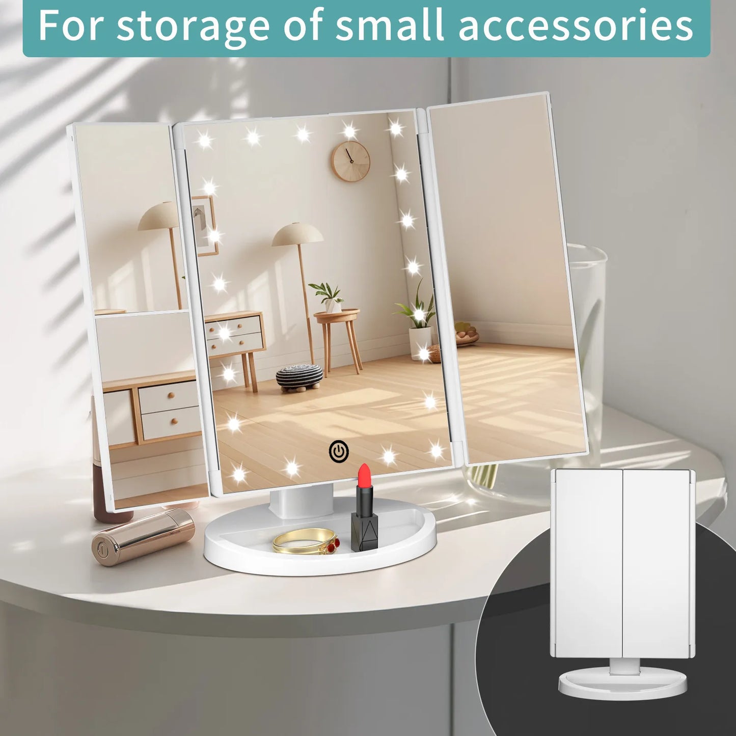 Trifold makeup mirror with base tray storing lipsticks, jewelry and other small beauty accessories.