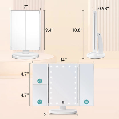 Dimension diagram of trifold lighted makeup mirror, detailed length/height/thickness installation data.