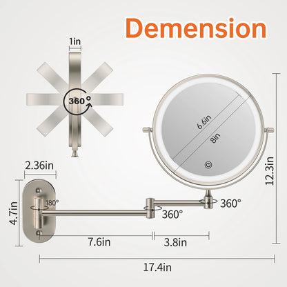 Wall mounted makeup mirror dimensions showing adjustable arm length and round mirror size