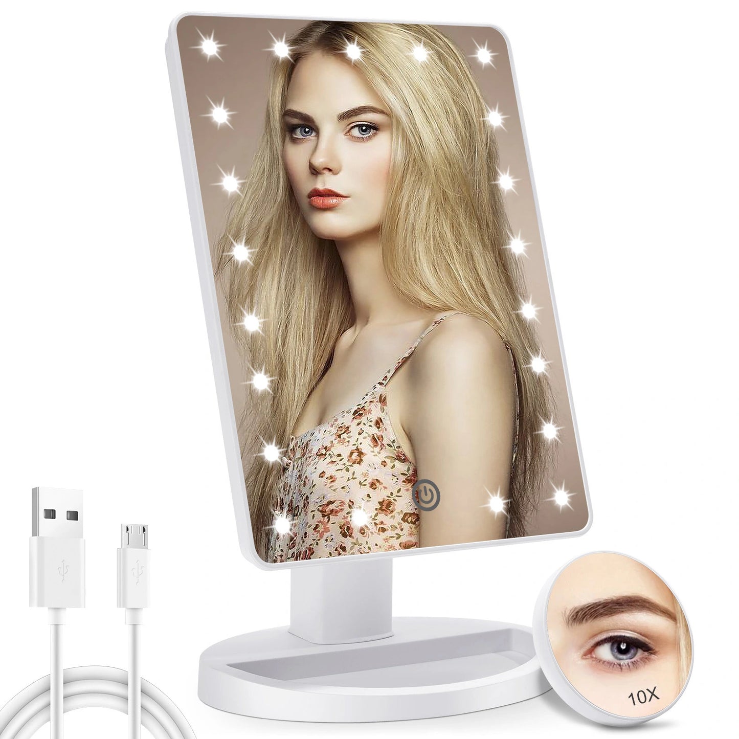 White LED tabletop vanity mirror with bright lighting and adjustable makeup mirror design