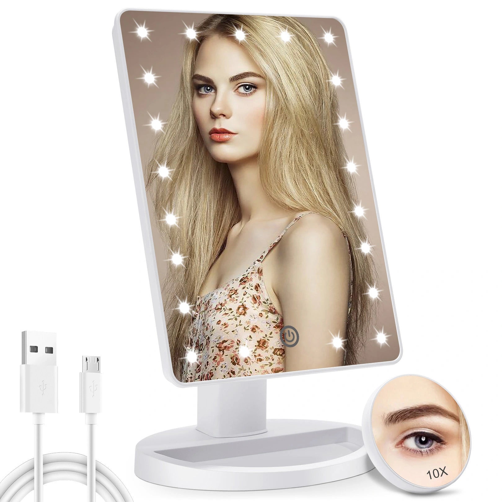 White LED tabletop vanity mirror with bright lighting and adjustable makeup mirror design
