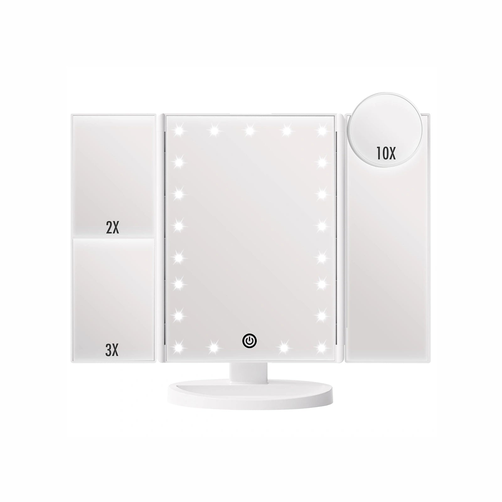 White trifold LED vanity mirror with lighted panels for makeup and beauty routine