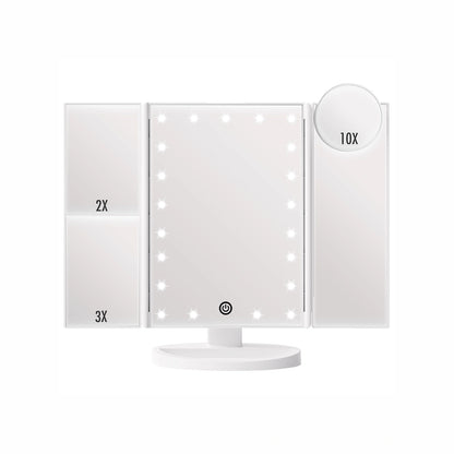 White trifold LED vanity mirror with lighted panels for makeup and beauty routine